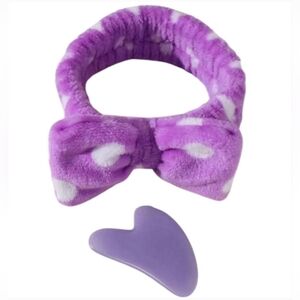 Purple lavender Polka Dot spa headband and gua sha facial tool